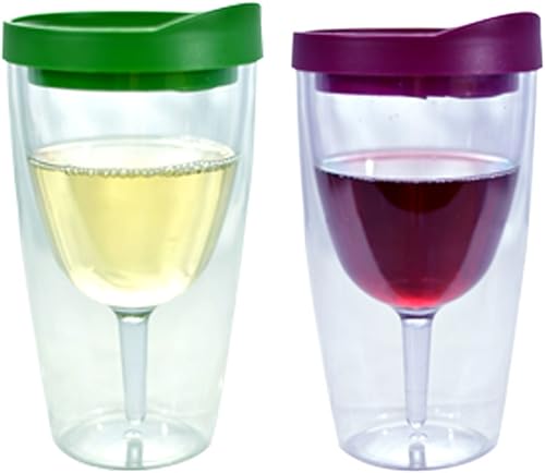 Vaso de vino  10 oz aislado vino acrílico de doble pared con Merlot y Verde Drink Through Lid  Wine 2Go!