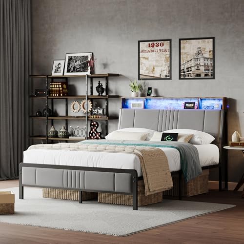 Image of Nelaukoko Full Size Bed Frame, Metal Platform Bed Frame with Smart LED Lights and Charging Station, Ergonomic Velvet Headboard, No Box Spring Needed, Easy Assembly