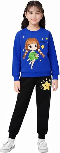 Girls Cotton Blend Cartoon Printed Sweatshirt &amp; Jogger Set with Long Sleeve Pullover and Elastic Waist Pants Co-Ord Set Id...