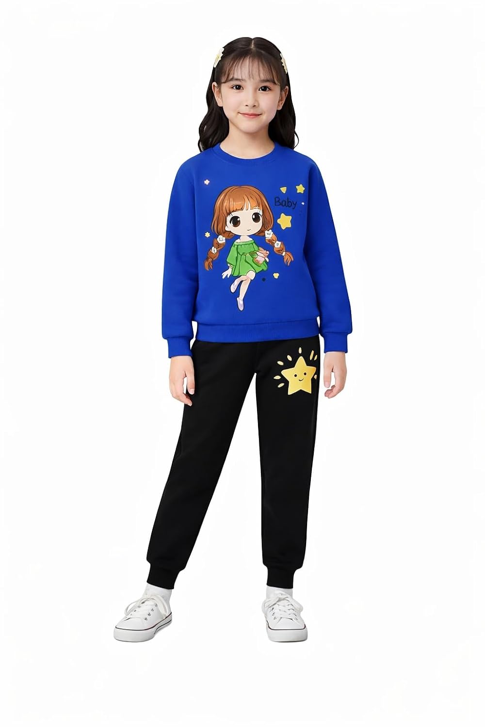Girls Cotton Blend Cartoon Printed Sweatshirt & Jogger Set with Long Sleeve Pullover and Elastic Waist Pants Co-Ord Set Id...