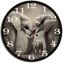 Elephant Wall Clock Elephant Family Animal Decorative Wooden Non Ticking Silent Quartz Bedroom Living Room Office Gym Bathroom Patio Decor Decorative Clocks Round 12"
