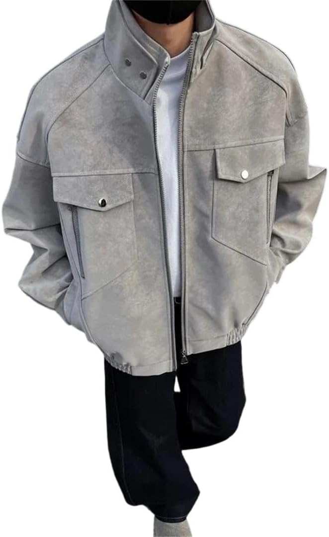 Men Motorcycle Jacket Stand Collar Patchwork Biker Coat Casual Riding Jacket