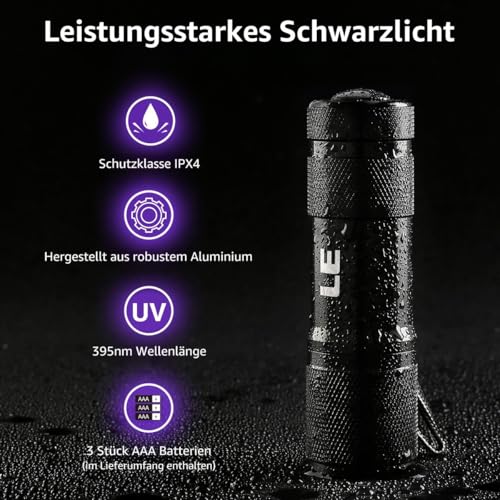 LE LED UV Schwarzlicht Taschenlampe mit 9 LEDs, mini UV Lampe Ultraviolettes Licht mit 395nm für Geocaching, Heimtierurindetektoren, Haustiere Urin-Detektor usw. Inklusive 6 AAA Batterien