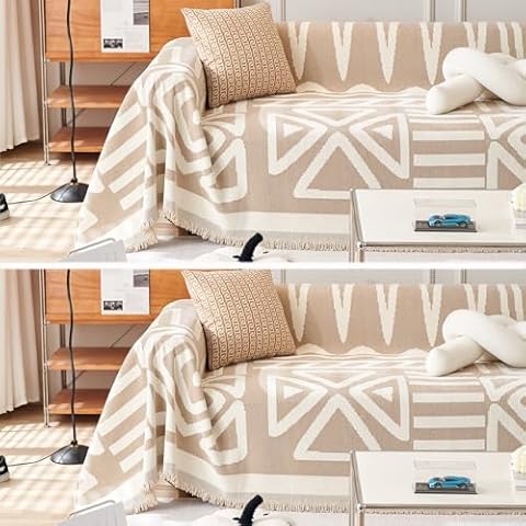 STACYPIK 2 Pieces Boho Khaki Couch Cover Chenille Geometric Sofa Cover for Dogs Cats Kids Farmhouse Couch Protector Reversible-1pc Large Size（71 * 118IN）+ 1pc X-Large Size（71 * 134IN） Cover