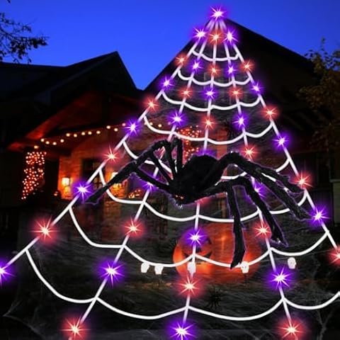 Spider Web Halloween Decorations Outdoor Lights, 125 Purple LED Light Up 16.4Ft Giant Spiderweb & 60" Large Spider & 10 Small Spiders & 20g Stretch Cobweb, 8 Modes Lighted Decor for Yard Outside Cover