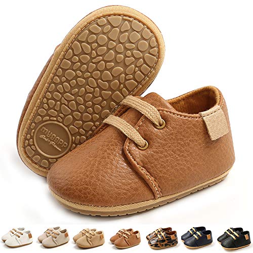 LAFEGEN Baby Boys Girls Oxford Dress Shoes Non Slip Lace Up Sneaker PU Leather Moccasins Newborn Infant Toddler Loafers First Walker Crib Shoes 3-18 Months, 001 Brown, Baby Shoes 6-12 Months Infant