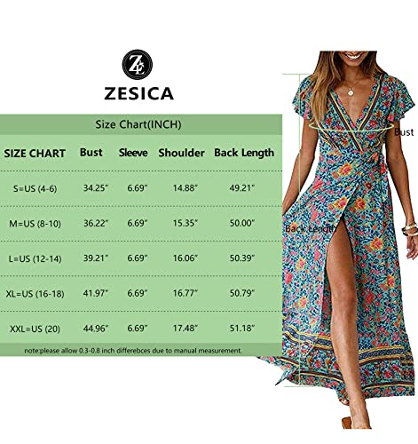 Zesica Women's 2023 Bohemian Floral Printed Wrap V Neck Short Sleeve Split Beach Party Maxi Dress,Green,Medium #TOP4