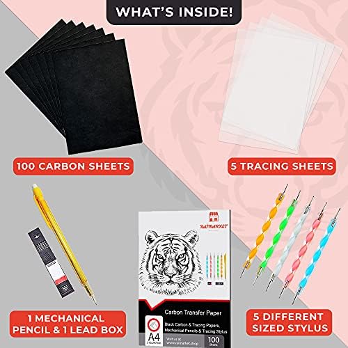 Raimarket 112 Pcs Black Carbon Paper for Tracing On Fabric, Wood and Sewing Includes 5 Tracing Paper a4 for Sewing Patterns, 1 Pencil, 1 Lead Box, 5 Stylus, A4 Size (9 X 13) Graphite Transfer Paper