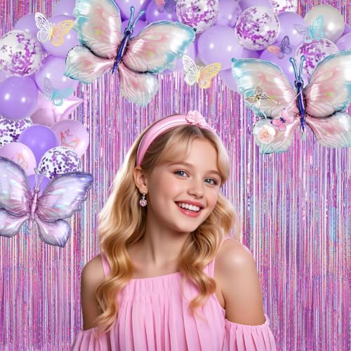 Image of Shimmering Purplish Pink Foil Fringe Curtains for Party Decor - Tinsel Backdrop for Photoshoot, Party Wall Decor with Glitter Streamers for Weddings, Baby Showers, Birthdays & Stage Events