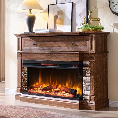 RedLemon 3-Sided Glass Fireplace TV Stand for TVs up to 65", 52" Electric Fireplace with Mantel, 36" Tall Highboy Farmhouse Entertainment Center with Storage for Living Room, Reclaimed Barnwood