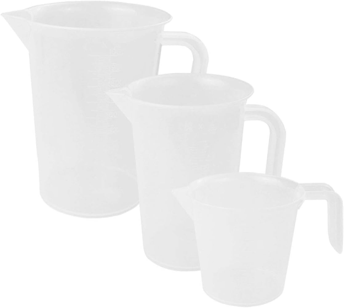 3 pcs Plastic Measuring Cups Set, HOVEOX Multi Function 4 Cup, 2 Cup and 1 Cup Capacity Measuring Cups with Handle Grip and Spout with Ml Ltr and Cup Measurement Stackable Bakeware Accessories