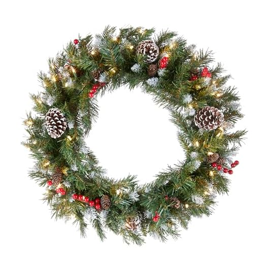 National Tree Company Pre-Lit Artificial Christmas Wreath, Green, Frosted Berry, White Lights, Decorated with Pine Cones, Berry Clusters, Frosted Branches, Christmas Collection, 24 Inches