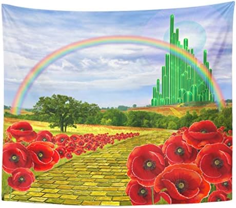 Emvency Tapestry Poppies Field Yellow Brick Road Leading to the Emerald City Flowers Follow Home Decor Wall Hanging for Living Room Bedroom Dorm 60x80 Inches