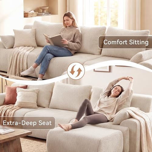 GRUSIGN 118'' Sectional Boneless Oversize Modular Couches, Curved Cloud Sectional Couches for Living Room,Rounded Corner Design L Shape Deep Seat Family Sofa with Ottoman & 3 Throw Pillows, Beige | Premium Corduroy, No Assembly Required, Rounded Corner, High-Resilience Foam, Ergonomic Support, Flexible Modular - Image 5