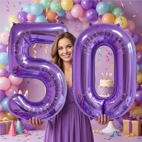 Image of Number Balloons for Birthday Decorations - 40 Inch Large Party Balloons 50, Purple Foil Number Balloons for Boys Girls, Balloons for Party Supplies