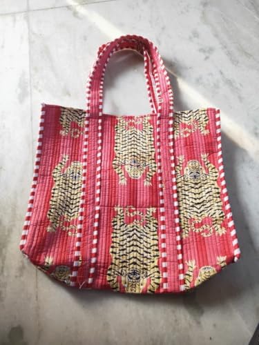Image of YILLE Cotton Quilted Floral & Tiger Print Tote Bag, 18 x 18 inches For Grocery Shopping, Travel