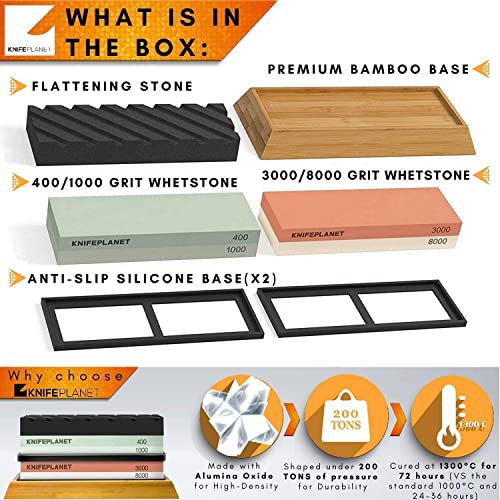Premium Knife Sharpening Stone Set – 400/1000 And 3000/8000-Grit Professional, Safe Knife Sharpener Set – Whetstone Set Includes Flattening Stone, Bamboo Base, And 2 Nonslip Rubber Bases #TOP1