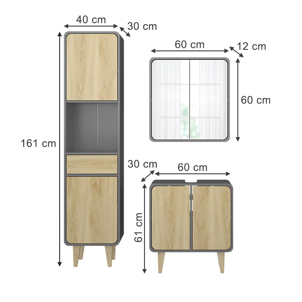 Vicco Set di mobili da bagno Arla, Antracite/quercia, 60 cm, composto da mobile sottolavabo, specchiera e colonna alta