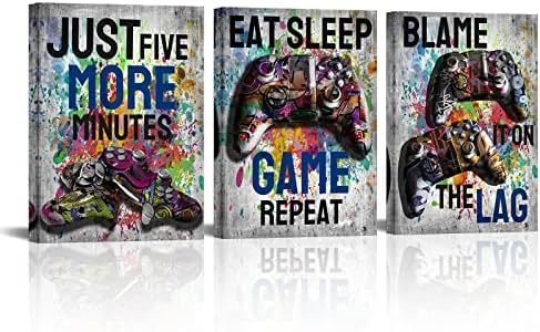 LyerArtork 3 Pieces Game Theme Canvas Wall Art Graffiti Video Game Picture Prints Watercolor Match Controllers Painting for Game Room Boys Room Wall Decor Framed and Ready to Hang 12x16inchx3pcs