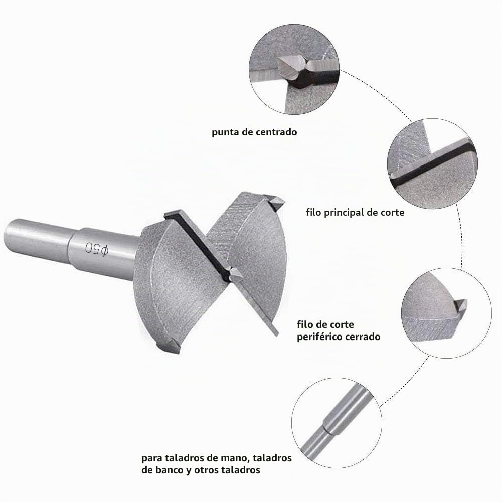 Flintronic Broca Forstner para Madera, Diámetro 50mm, Hole Saw Taladro, Acero al Tungsteno Titanium Recubierto, Corte Agujero en Carpintería, 1PCS