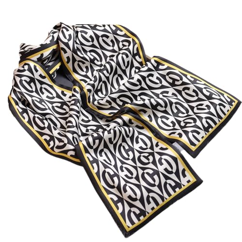 GIMIRO Satin Seidenschal Doppelschichten 150 x 16cm Luxuriöses Schal mit Monogramm-Muster, Schwarz-Weiß, Goldener Rand (Black White C)