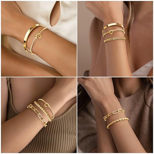 Gold Bracelets for Women Non Tarnish, 14K Gold Plated Sterling Silver Chunky Cuff Bracelet Stackable Gold Bangles Bracelet for Women Trendy Fashion Accessories Tie Knot Cuban Rope Paperclip Beaded Bracelet Stack Jewelry Valentines Day Gifts - Image 5
