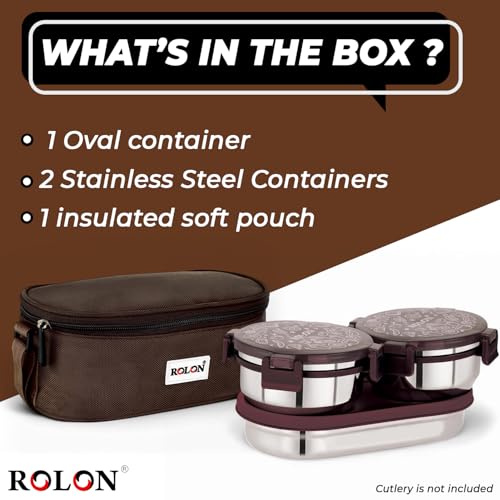 Image of ROLON Lunch Box for Office use Brown Leak Resistance Design Portable Durable Tiffin Box Stainless Steel Lunch Box, 2 Round Containers 300ml, 1 Roti Container 550ml with Insulated Lunch Bag for Office