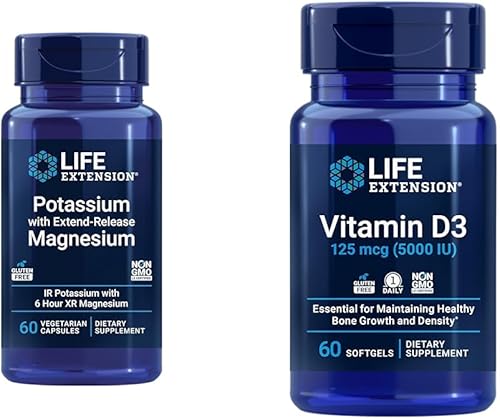 Life Extension Suplemento de potasio y magnesio para la salud cardíaca con vitamina D3 5000 UI - 60 cápsulas y 60 cápsulas blandas