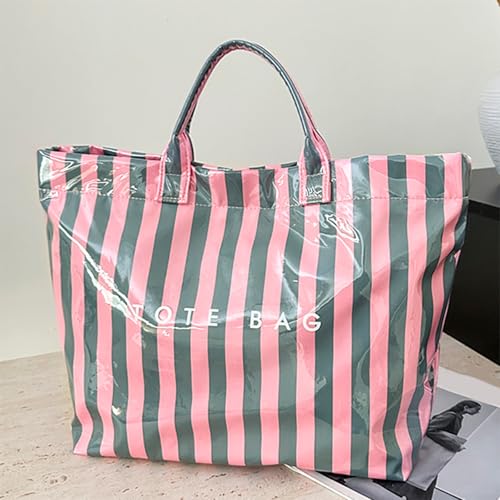 Image of Striped PVC Tote Bag for Women, Waterproof Plastic Hobo Handbag Summer Tote for Beach, Pool & Ideal Gift