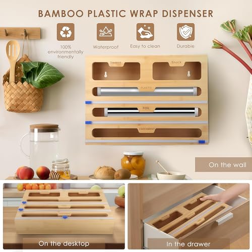 Dispensador y cortador de film transparente, dispensador de papel de aluminio de bambú para cajón de cocina, organizador 5 en 1, almacenamiento para películas adhesivas y papel de aluminio, 40 cm