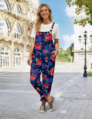Image of YESNO Women's Overalls Cotton Boho Casual Floral Bib Jumpsuit Baggy Adjustable Strap Romper with Pockets PVV