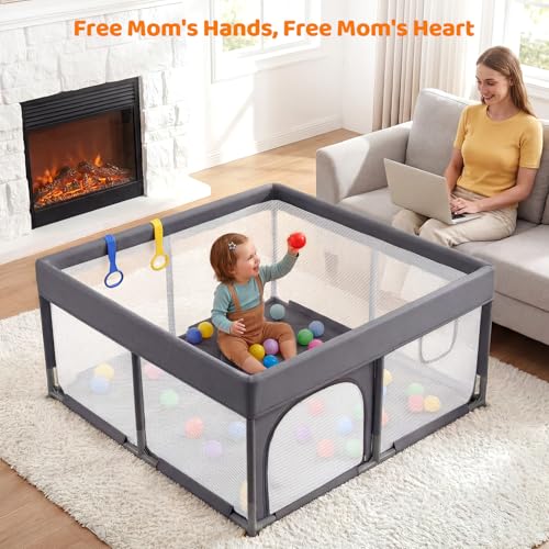 Image of Dripex Baby Playpen, 47 inchx47 inch Small Play Pen for Babies, Dark Grey | With Buildmat /Colorful Balls /Pull up Rings, Breathable Visible Mesh, Easy Setup, Indoor /Outdoor Use