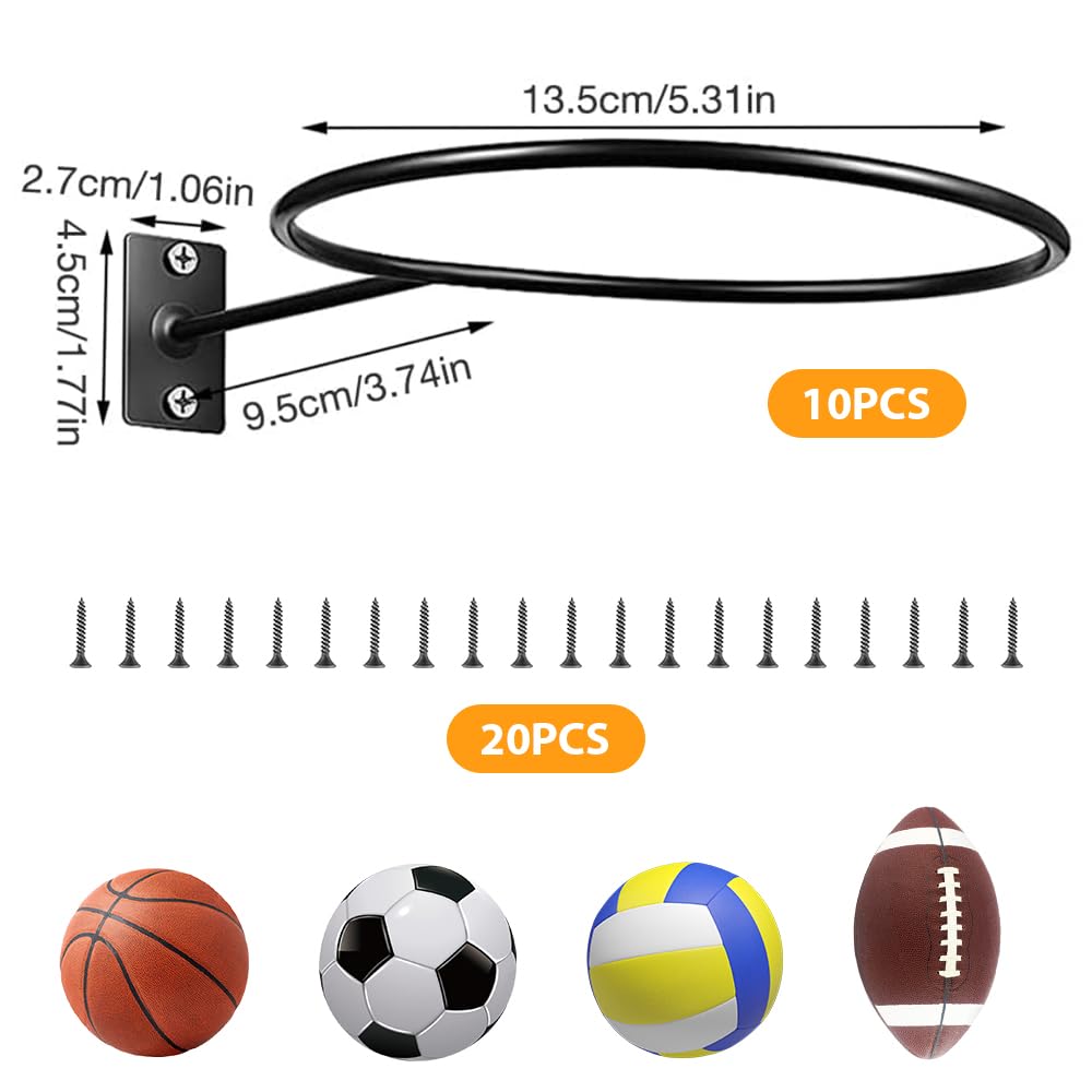 mizikuu Soporte de Pared para Balones de Exhibición, 10 Piezas Metal Soporte de Exhibición de Pelota y 20 Tornillos Universal Soporte de Pelota para Baloncesto, Fútbol, Rugby, Voleibol, Pantalla