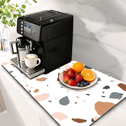 Coffee Bar Mat for Countertop, 17" X 28” Super Absorbent Dish Drying Mat, Large Kitchen Counter Mats Fits Under Coffee Maker, Non-slip Espresso Machine Pad, Terrazzo