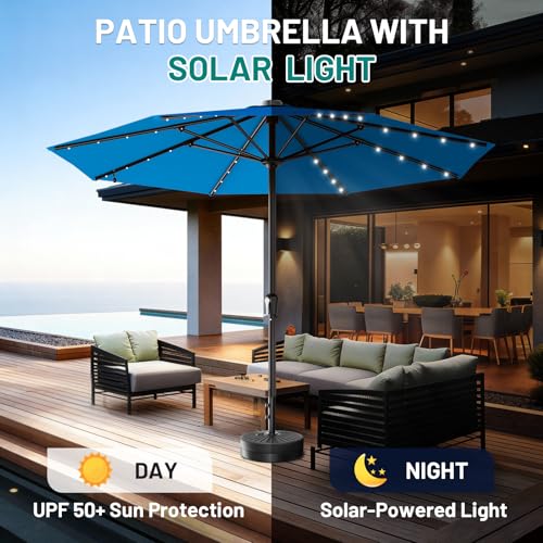 Image of AreShark 11FT Large Patio Umbrella with Solar Lights, Lighted Solar Umbrella with Crank, Outdoor Table Market Umbrellas for Garden, Deck, Backyard, Pool and Beach, Royal Blue
