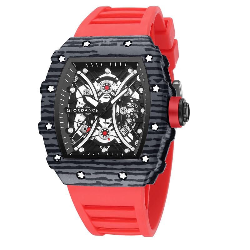 Image of Giordano Analog Square Watch for Men with Skeleton Design, Rugged Textured Case, Luminous Hands, and Silicone Strap