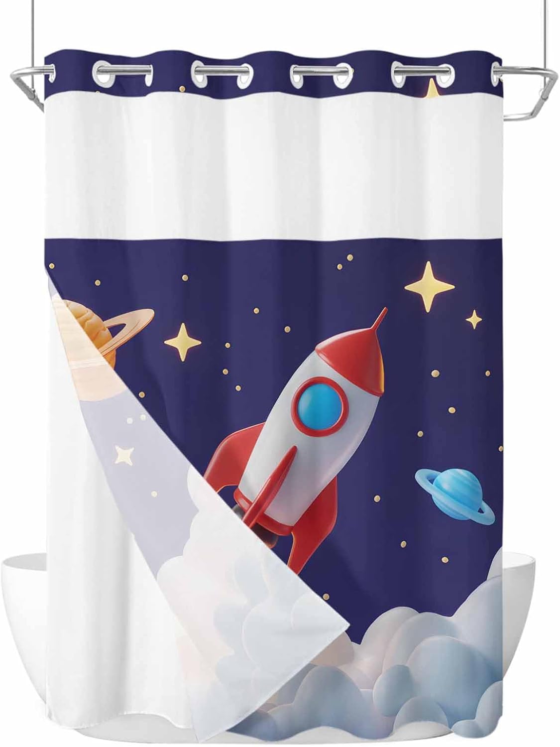 Cartoon No Hook Shower Curtain with Snap in Liner, Cute Rocket Stars Space See Through Mesh Top Window Shower Curtain for Bathroom Decor, Waterproof&Machine Washable 60" x 72"