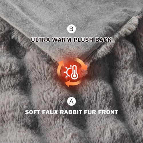 Image of EMME Faux Fur Blanket Twin Size Dark Gray - Big Bubble Rabbit Cozy Blanket for Couch, Thick Furry Plush Shaggy Blankets, 650GSM, 60x80 Inches