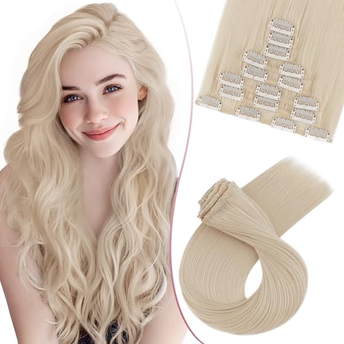 SEGO Pro 45cm Extension Clip Cheveux Naturel Synthétique 8 PCS #60 Blond Platine Rajout Cheveux Clip in Hair Extensions (130g)