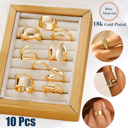 f me 10 pcs gold rings set for women non tarnish 18k gold plated chunky stackable rings statement stacking womens ring pack