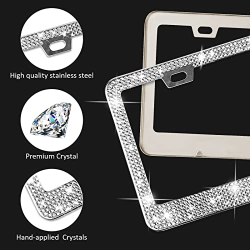 OTOEZ Bling License Plate Frame and Clear Cover Set for Women 2 Pack Sparkly Rhinestone License Plate Frames with Clear License Plate Protectors Fit for All Car Truck SUV (White)