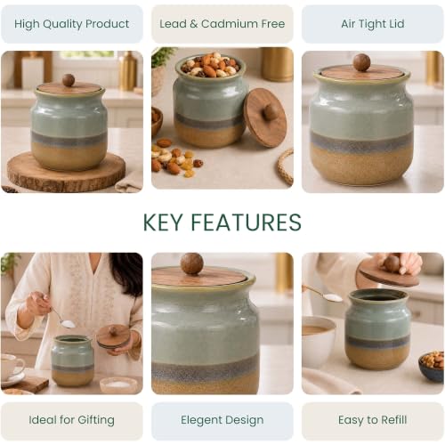 Image of The Earth Store Rustic Green Pickle Jar Set of 1 - 800ML Airtight Ceramic Jar for Kitchen Storage | Microwave & Dishwasher Safe Achar Container | Pickle, Salt & Spice Storage Jar