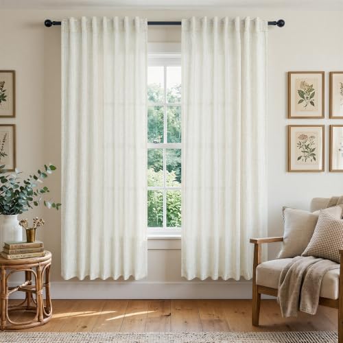 Cream Linen Back Tab Curtains 68 Inches Long for Living Room 2 Panels Rod Pocket Neutral Modern Farmhouse Window Curtain Privacy Semi Sheer Natural Linen Drapes Rustic Pinch Pleated Look Curtain Ivory