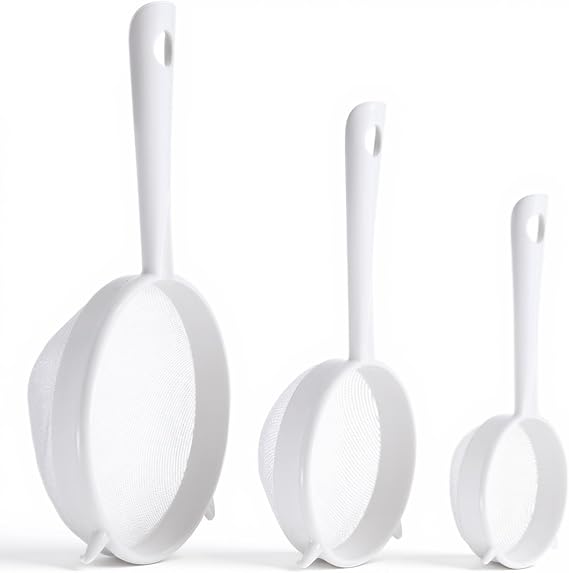 3 PCS Plastic Fine Mesh Strainer Set with Handle, Nylon Sieve Fine Food Mesh Colander with Double Ear for Baking Kitchen Yogurt Tea Juice Coffee Honey Milk Pasta
