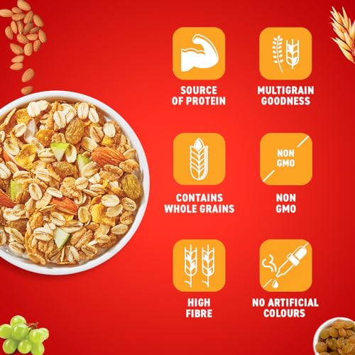 Image of Bagrry's Crunchy Muesli - 500g | 83% Multigrain, Brans, Almonds, Raisins & Honey | 40% Fibre Rich Oats | High Fibre and Protein Breakfast Cereal | No Added Preservatives | Non-GMO Oats | 100% Natural | Trans Fat & Cholesterol Free