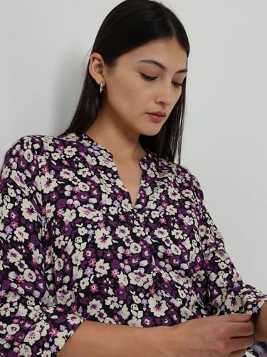Image of FableStreet Women Shirt Work & Casual | Relaxed Fit Mandarin V-Neck Three-Quarter Sleeves Solid Pattern | Breathable Woven Fabric for Office & Everyday Wear