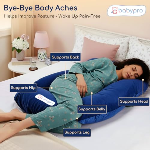 Image of BabyPro J-Shaped Pregnancy Pillow with Silky Cooling Velvet Cover, Blue | Full Body Pillow for Back Pain, Head, Belly, Hips & Knees, Soft Cushion
