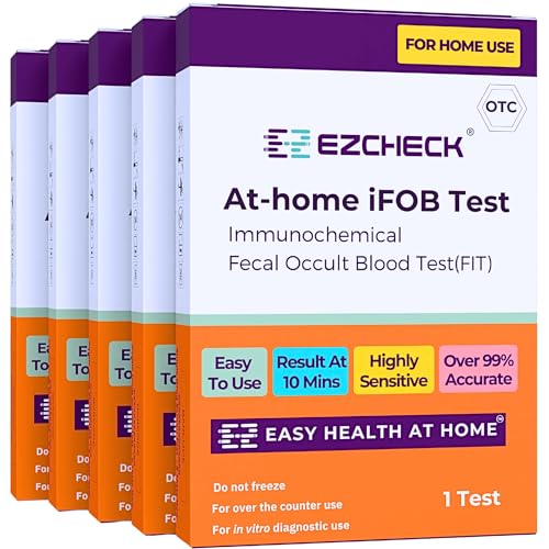 EZCHECK® at-Home iFOB Test (5 Tests) Immunochemical Fecal Occult Blood Test (FIT) for Colon Health Screening, Colon Cancer Screening, Colorectal Cancer Screening, Colon Disease Test