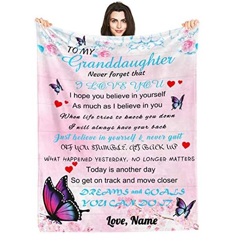 PFCNYMUA Personalized Custom Name Blanket Love Letter to My Granddaughter from Grandpa & Grandma, Butterfly Floral Customized Blankets Bed Throws 60x80 Inches Cover