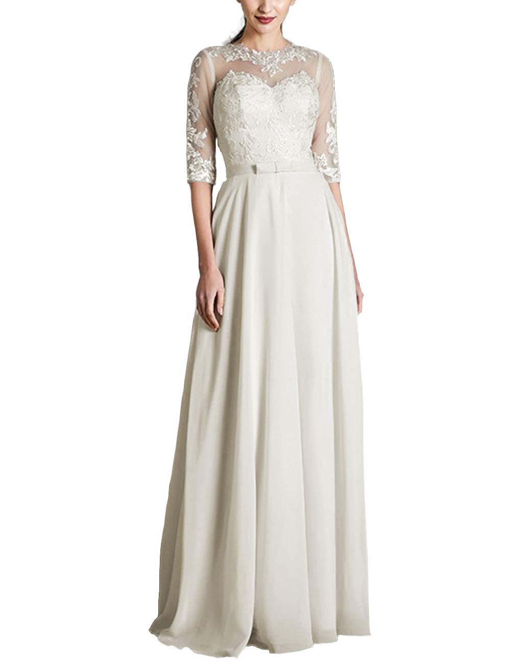 A-Line Chiffona con Maniche Abito da Sera Semplice con Cintura, Avorio, 40